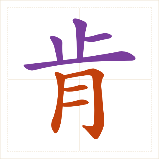 The character 肯 (kěn) with each of its parts in a different colour