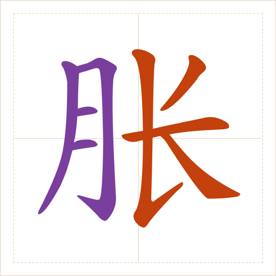 The character 胀 (zhàng) with each of its parts in a different colour
