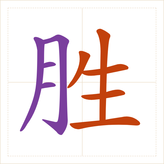 The character 胜 (shèng) with each of its parts in a different colour