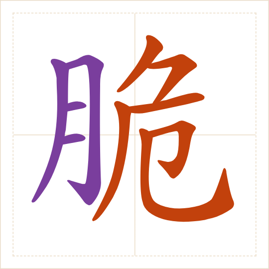 The character 脆 (cuì) with each of its parts in a different colour