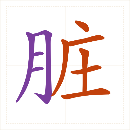 The character 脏 (zāng) with each of its parts in a different colour