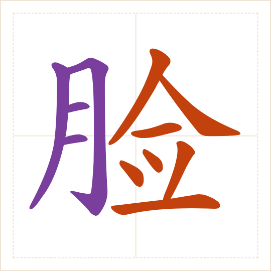 The character 脸 (liǎn) with each of its parts in a different colour