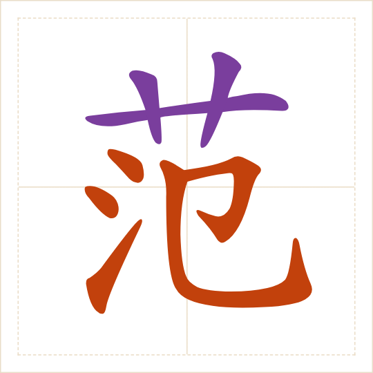 The character 范 (fàn) with each of its parts in a different colour