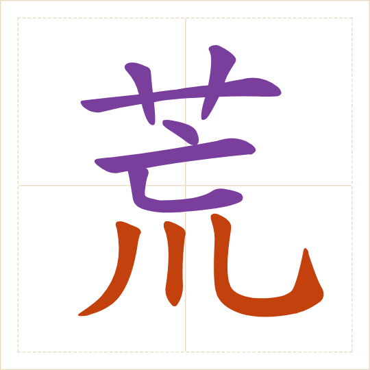 The character 荒 (huāng) with each of its parts in a different colour