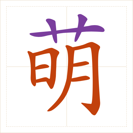 The character 萌 (méng) with each of its parts in a different colour