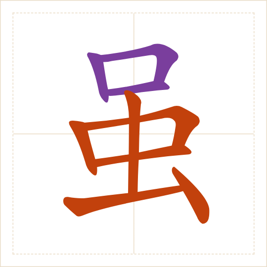 The character 虽 (suī) with each of its parts in a different colour
