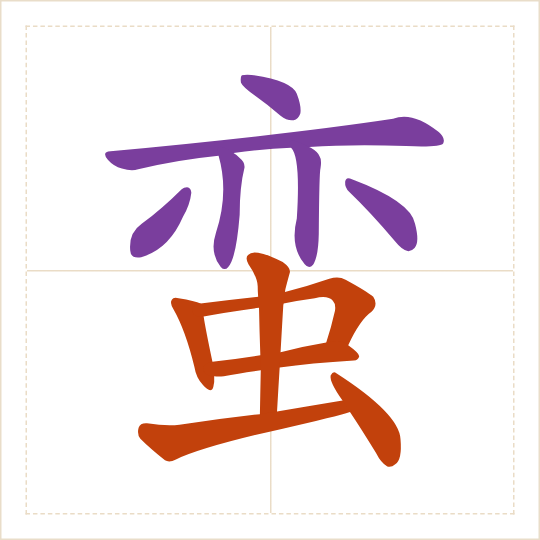 The character 蛮 (mán) with each of its parts in a different colour
