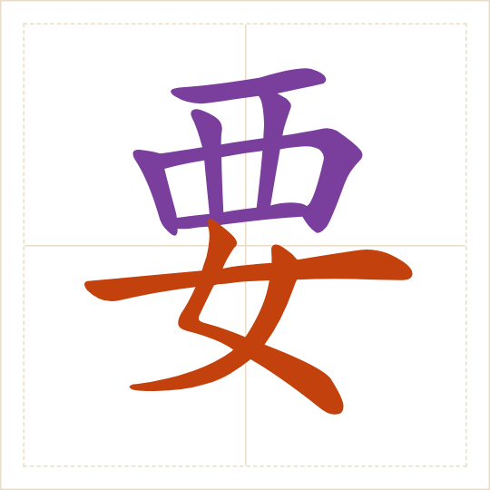 The character 要 (yào) with each of its parts in a different colour