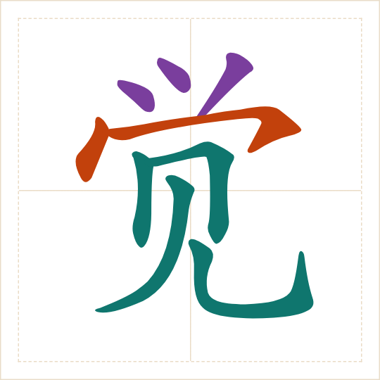 The character 觉 (jué) with each of its parts in a different colour