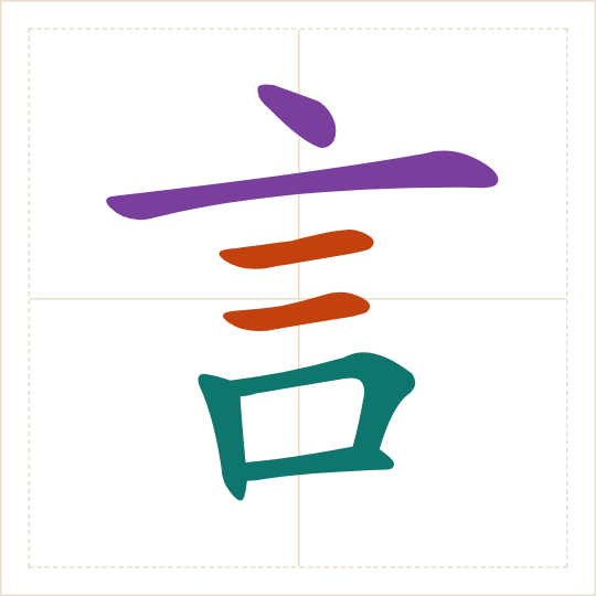 The character 言 (yán) with each of its parts in a different colour