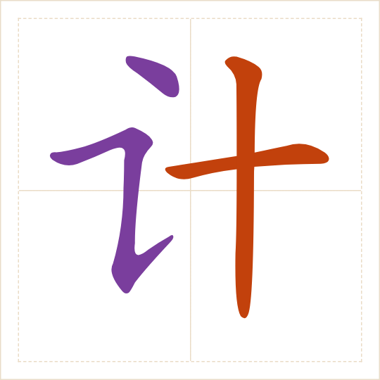 The character 计 (jì) with each of its parts in a different colour
