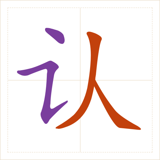The character 认 (rèn) with each of its parts in a different colour