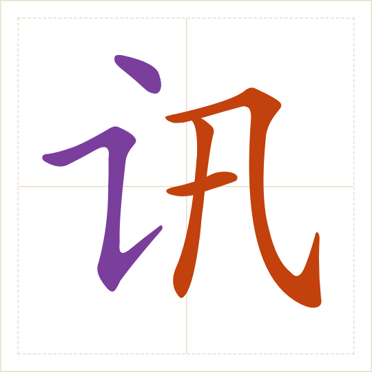 The character 讯 (xùn) with each of its parts in a different colour