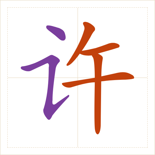 The character 许 (xǔ) with each of its parts in a different colour