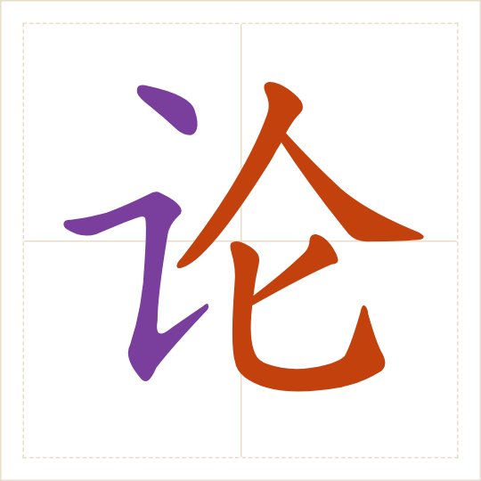 The character 论 (lùn) with each of its parts in a different colour