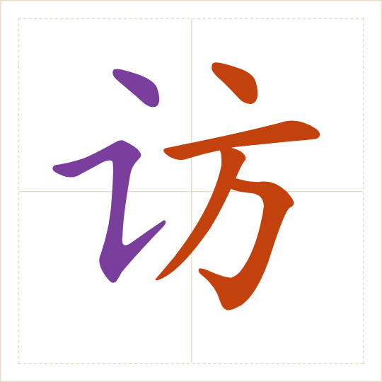 The character 访 (fǎng) with each of its parts in a different colour