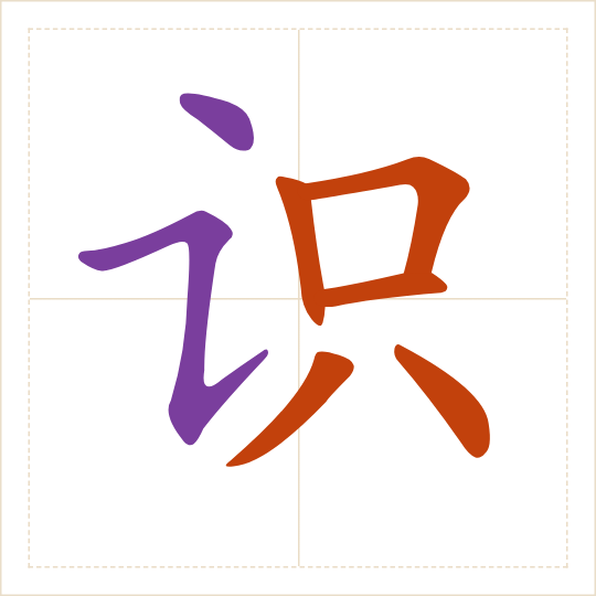 The character 识 (shí) with each of its parts in a different colour