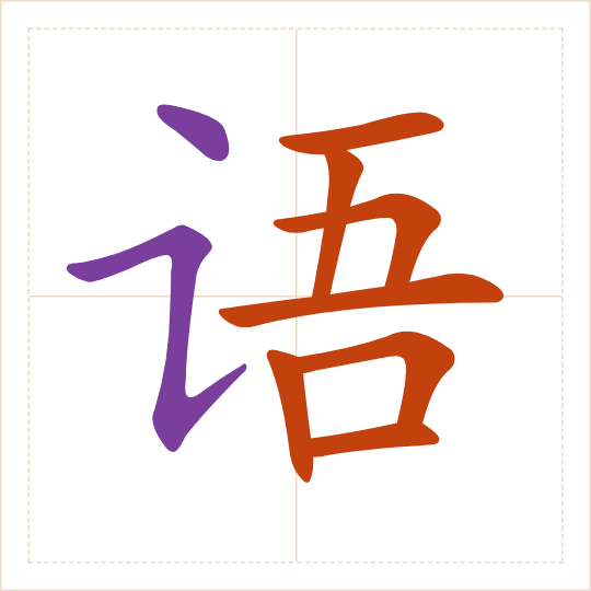 The character 语 (yǔ) with each of its parts in a different colour