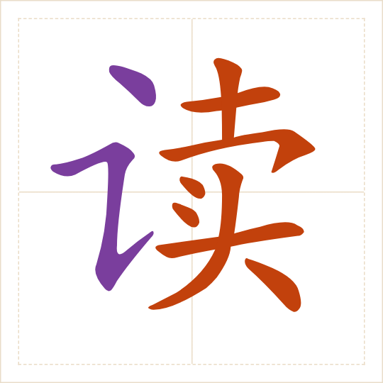 The character 读 (dú) with each of its parts in a different colour