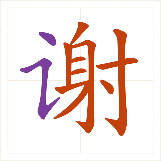 The character 谢 (xiè) with each of its parts in a different colour