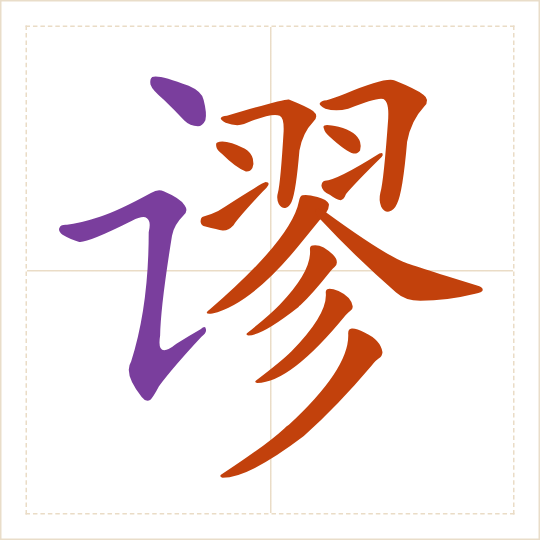The character 谬 (miù) with each of its parts in a different colour