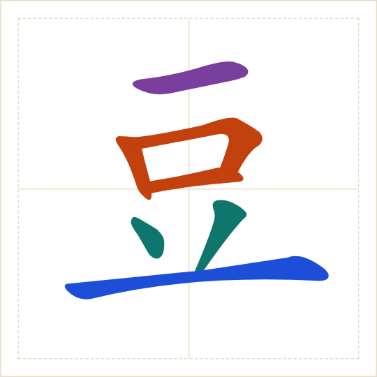 The character 豆 (dòu) with each of its parts in a different colour