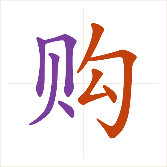 The character 购 (gòu) with each of its parts in a different colour
