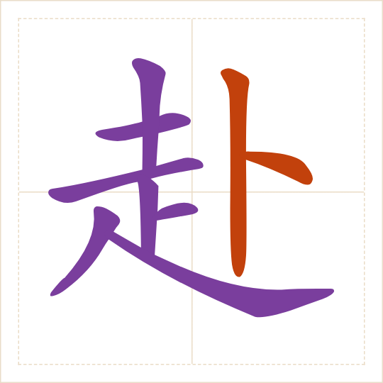 The character 赴 (fù) with each of its parts in a different colour