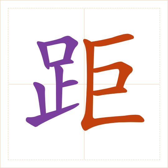 The character 距 (jù) with each of its parts in a different colour