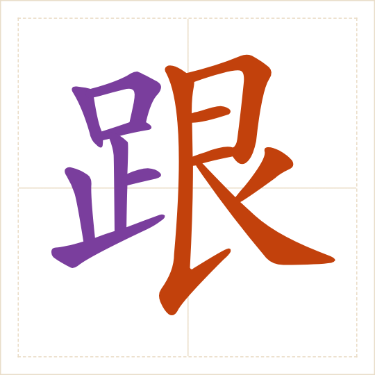 The character 跟 (gēn) with each of its parts in a different colour