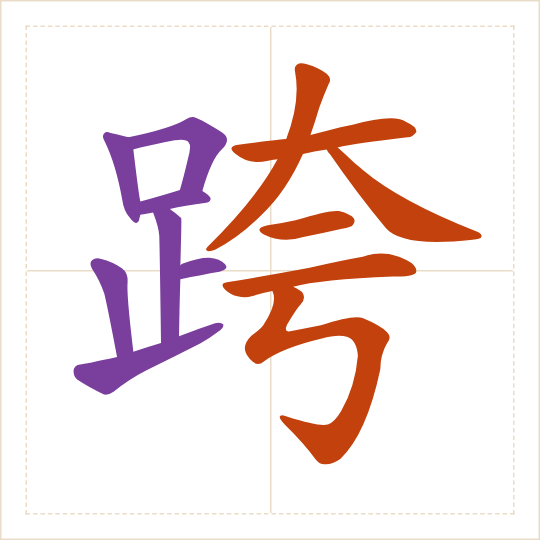 The character 跨 (kuà) with each of its parts in a different colour