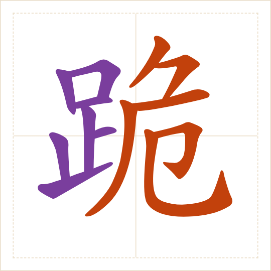 The character 跪 (guì) with each of its parts in a different colour