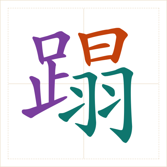 The character 蹋 (tà) with each of its parts in a different colour