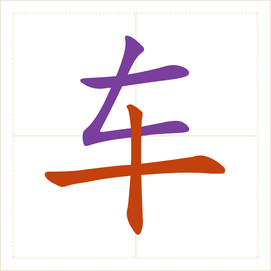 The character 车 (chē) with each of its parts in a different colour