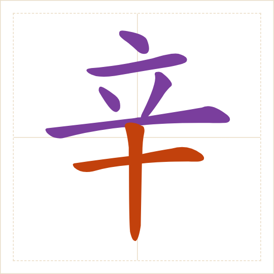 The character 辛 (xīn) with each of its parts in a different colour