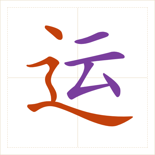 The character 运 (yùn) with each of its parts in a different colour