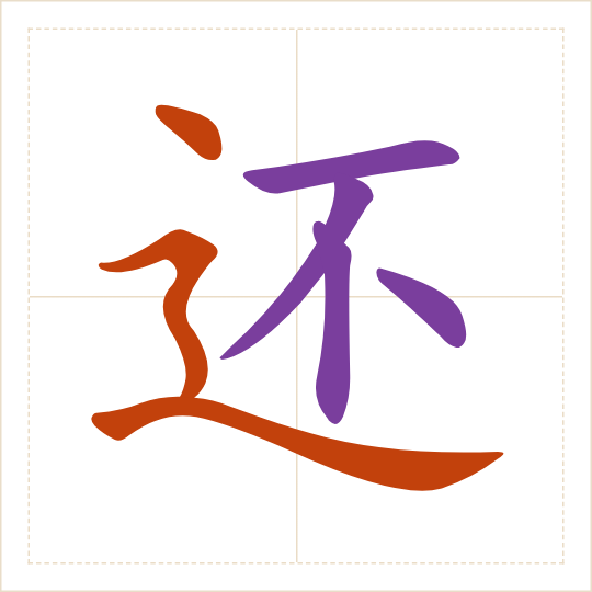 The character 还 (hái) with each of its parts in a different colour