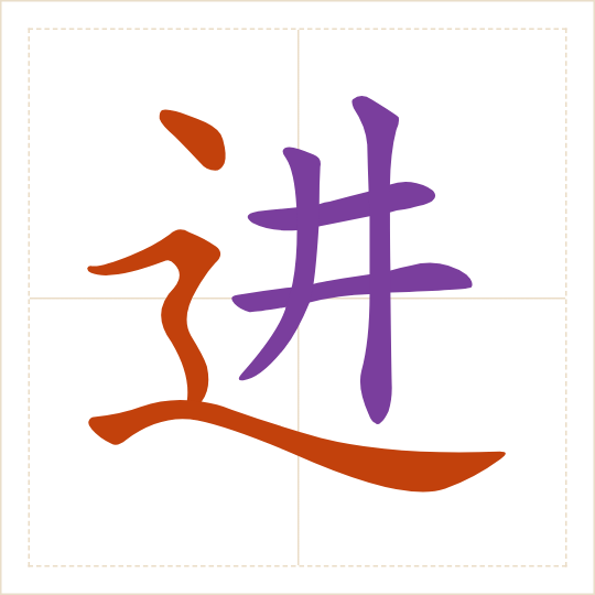 The character 进 (jìn) with each of its parts in a different colour
