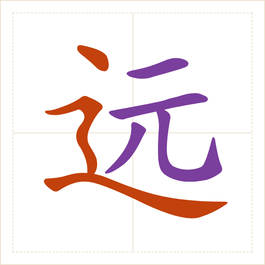 The character 远 (yuǎn) with each of its parts in a different colour