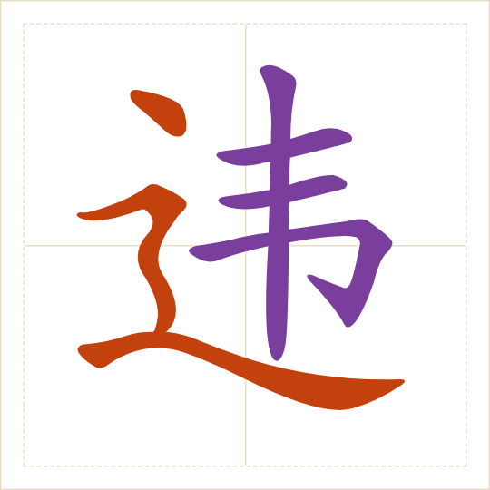 The character 违 (wéi) with each of its parts in a different colour