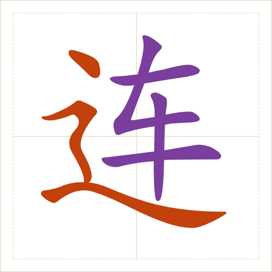 The character 连 (lián) with each of its parts in a different colour