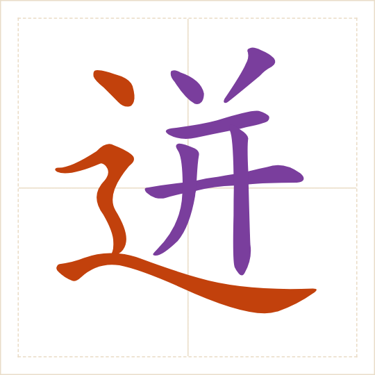 The character 迸 (bèng) with each of its parts in a different colour