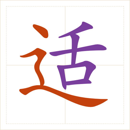 The character 适 (shì) with each of its parts in a different colour