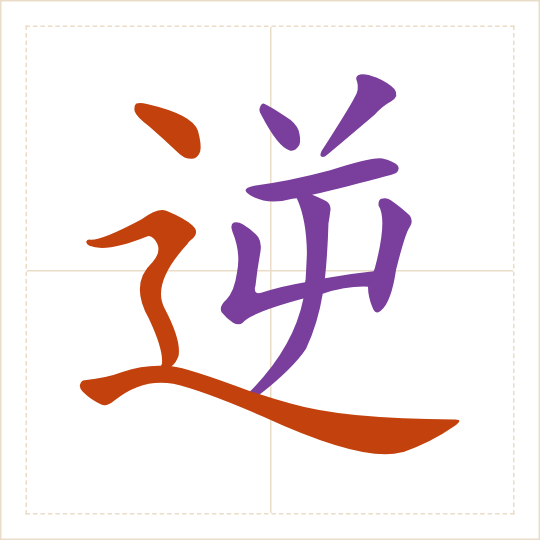 The character 逆 (nì) with each of its parts in a different colour