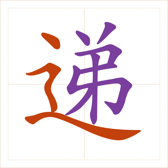 The character 递 (dì) with each of its parts in a different colour