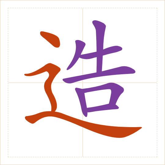 The character 造 (zào) with each of its parts in a different colour