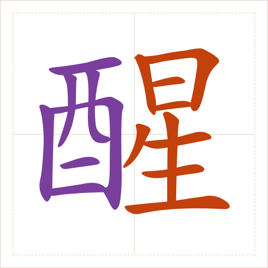The character 醒 (xǐng) with each of its parts in a different colour