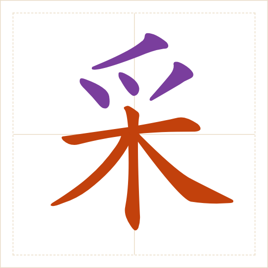 The character 采 (cǎi) with each of its parts in a different colour