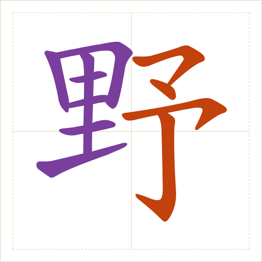 The character 野 (yě) with each of its parts in a different colour