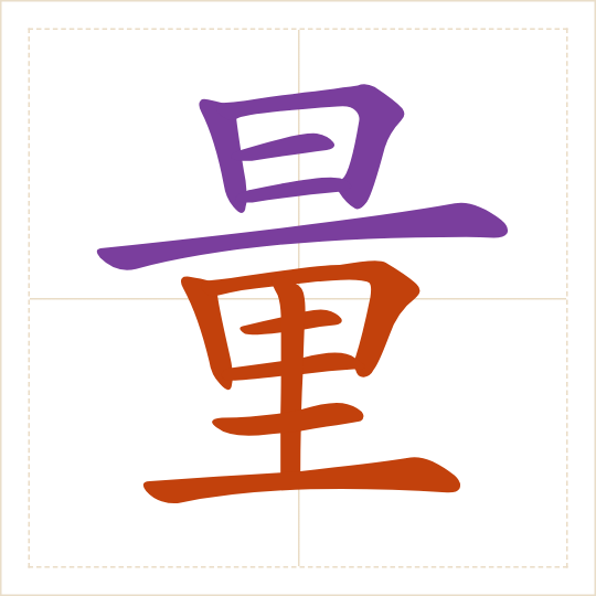The character 量 (liáng) with each of its parts in a different colour